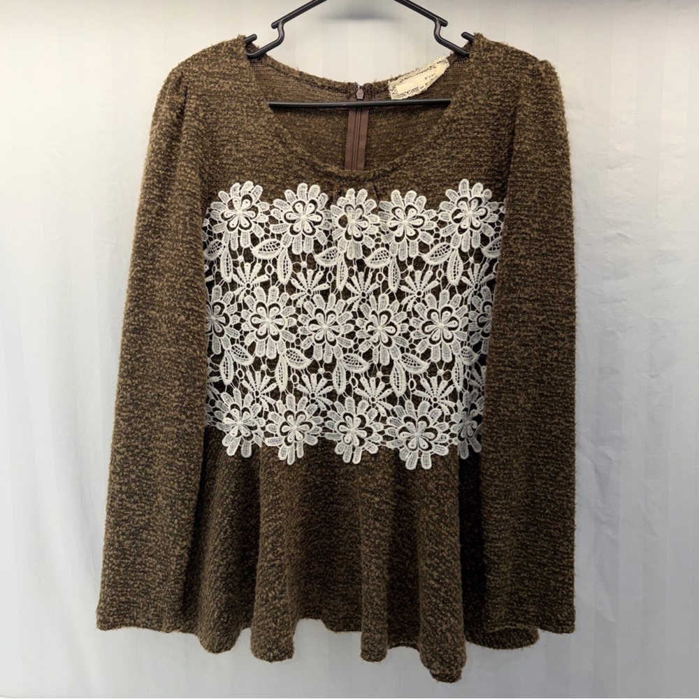A'Reve Brown Top with White Floral Lace
